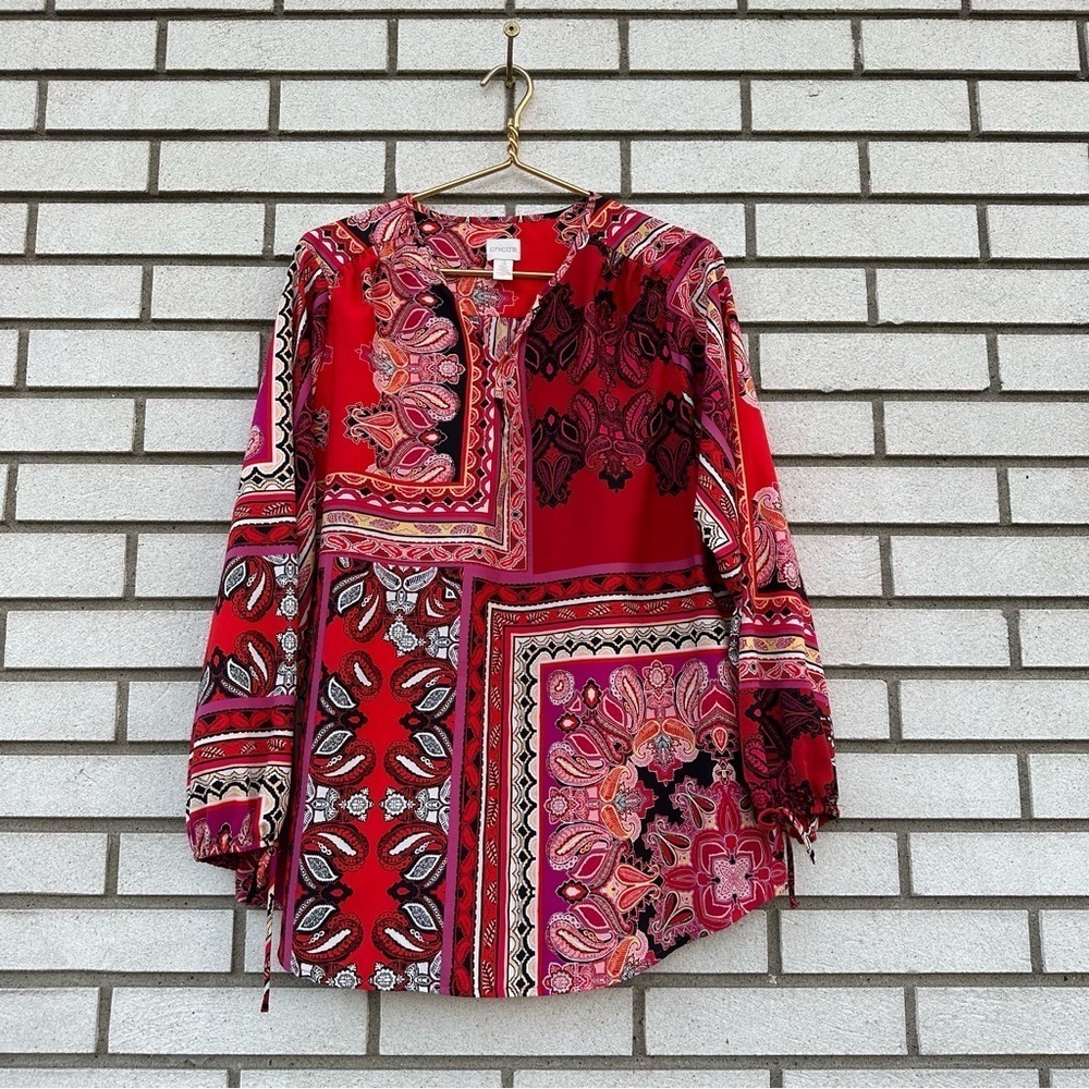 Chico’s Red Patchwork Paisley Peasant Blouse Split Neck Boho Scarf Print Top XL - Picture 3 of 14